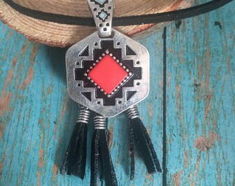 Southwest Cowgirl Necklace SIlver, Tassels, Leather chain Rodeo Country Western