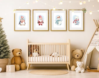 May include: A nursery scene with four framed watercolor prints of Christmas characters: a penguin, Santa Claus, a snowman, and a polar bear. A small Christmas tree, a crib with stuffed animals, and a teepee complete the festive decor.