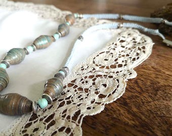 天然石ビーズ付きバッファロートゥースネックレス ～ 手編みの