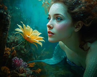 Underwater Mermaid, Fantasy Woman Printable Art, Furniture Transfer Design, Ocean Inspired, Digital Download