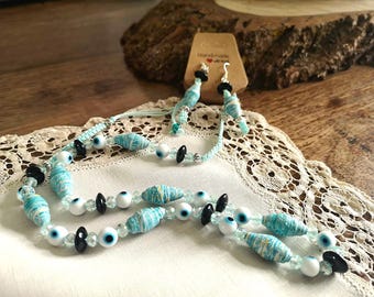 Aqua Evil Eye Paper Bead Jewelry Set ~ Handcrafted Necklace and Earrings with Paper Beads