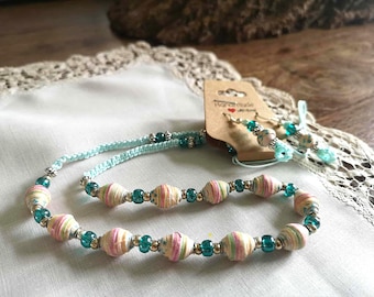 Handmade Paper Bead Jewelry Set: Aqua Necklace and Earrings