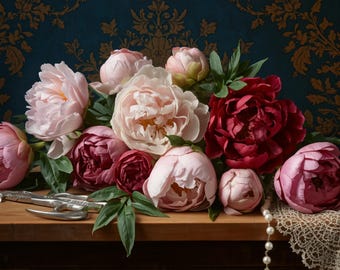 Vintage Peony Floral Decoupage Paper, Furniture Transfer Printable, Romantic Flower Arrangement Image, Digital Download