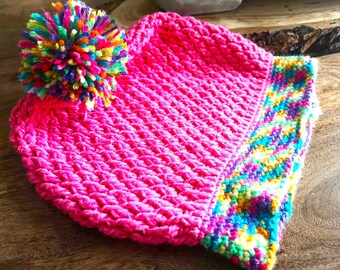 Bright Crochet Beanie with Multicolour Pom ~ Cozy Handmade Adult Hat