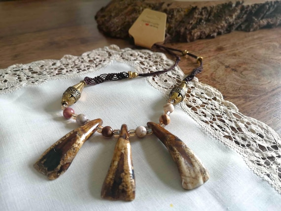 Buffalo Tooth Necklace with Natural Stone Beads ~ Hand Knotted Tribal Boho Jewelry