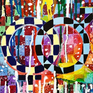 May include: Abstract artwork with overlapping circular and geometric shapes. The painting uses a vibrant mix of colours, including red, blue, yellow, and purple, with a checkered pattern and paint drips. White splatters add texture.