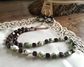 Handmade Wood & Paper Beaded Necklace and Earrings Set
