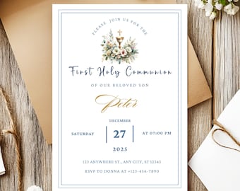 Editable Modern Blue First Communion Invitation, Blue and Gold Cross Boy First Communion Card, Boy Communion Invitation, Digital Download
