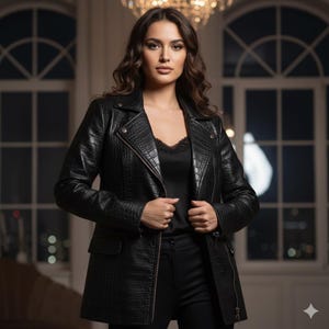 Könnte beinhalten: Schwarze Lederjacke mit Krokodiltextur, mit Reverskragen und asymmetrischem Reißverschluss. Getragen über einem schwarzen Oberteil und einer Hose, entsteht ein schlanker, monochromer Look. Die Jacke im klassischen Biker-Stil ist ein stilvolles Kleidungsstück.