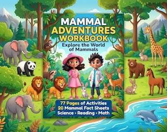Mammal Adventures Workbook: Kids Science, Mathe, Lesen (druckbare PDF)