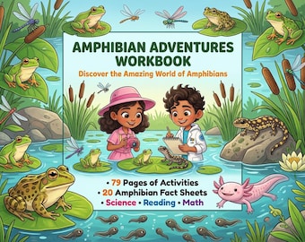 Amphibians Adventures Printable Workbook Grades 1-5 | Science Math Reading Art | 21 Amphibians | Homeschool Classroom PDF Instant Download