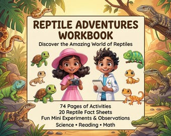 Reptilien Abenteuer mit Isla und Löwe, druckbares wissenschaftliches Arbeitsbuch für Kinder Klasse 1 bis 5, 20 Reptilien Informationsblätter, Aktivitäten