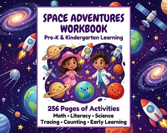 Weltraum-Arbeitsbuch für Kinder | Pre-K & Kindergarten Mathe, Alphabetisierung und Naturwissenschaftliche Aktivitäten | Druckbares Lern-PDF