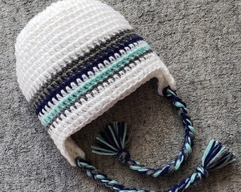 White, Gray, Navy, and Aqua Beanie with Braids:  3 to 10 yrs old