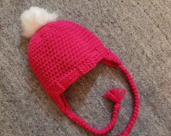 Hot Pink Beanie with Faux Fur Pompom: 3 to 10 yrs old