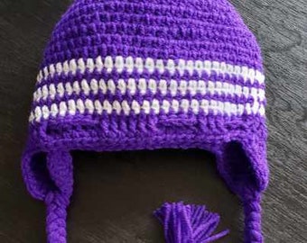 Purple and White Beanie with Braids: 3 - 10 yrs old