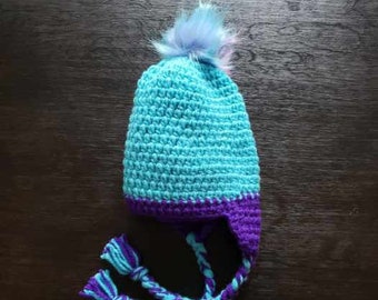 Turquoise and Purple Beanie with Faux Fur Pompom:  3 to 10 yrs old