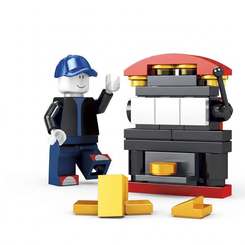 K&ouml;nnte beinhalten: Eine Spielfigur aus Kunststoff-Bausteinen mit blauer Kappe, schwarzer Jacke und blauer Hose neben einem schwarz-roten Spielautomaten aus Kunststoff mit drei wei&szlig;en, leeren Walzen, einem Hebel und mehreren goldfarbenen Bausteinen am Boden.