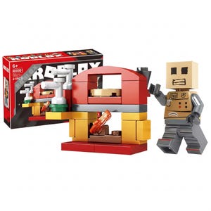K&ouml;nnte beinhalten: Ein Roblox-Baukastenset mit einer Pappschachtel mit der Aufschrift ROBLOX, einer roten und gelben Kunststoffstruktur mit wei&szlig;en wasserhahnartigen Aufs&auml;tzen und einer blockartigen Spielfigur mit beigem Kopf und grauen Gliedma&szlig;en.