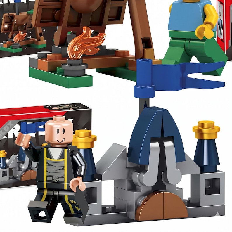 K&ouml;nnte beinhalten: Ein Kunststoff-Bausteinset mit einer kleinen Spielfigur mit beigem Kopf und schwarzem Oberk&ouml;rper mit gelbem Besatz, neben einer grauen und blauen Burgstruktur mit blauer Flagge, vor einer rot-schwarzen Produktverpackung.