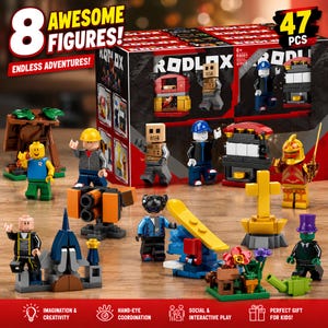 K&ouml;nnte beinhalten: Ein Roblox-Bausteinset mit 47 Teilen und 8 Spielfiguren. Die Verpackung zeigt den Markennamen und die Teileanzahl. Enthalten sind verschiedene Kunststofffiguren, kleine baubare Strukturen, ein Baum, ein goldenes Kreuz und eine Figur mit Hut.