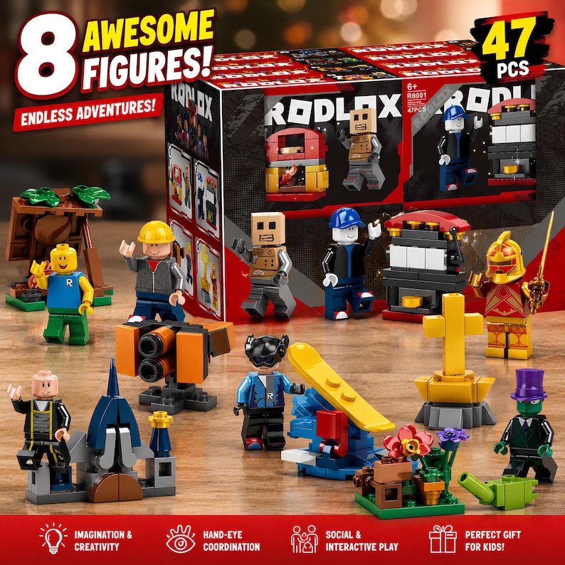 K&ouml;nnte beinhalten: Ein Roblox-Bausteinset mit 47 Teilen und 8 Spielfiguren. Die Verpackung zeigt den Markennamen und die Teileanzahl. Enthalten sind verschiedene Kunststofffiguren, kleine baubare Strukturen, ein Baum, ein goldenes Kreuz und eine Figur mit Hut.