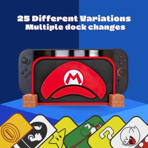 May include: A black game console with a red Mario-themed dock, featuring a red hat design with a white "M" logo. The image also shows various game card designs and the text "25 Different Variations Multiple dock changes."