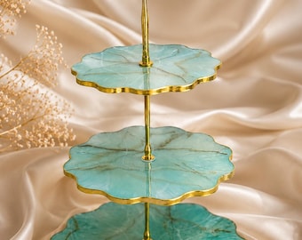 Supporto per cupcake in resina effetto marmo turchese fatto a mano / Vassoio per dessert dorato, decorazione per feste di matrimonio