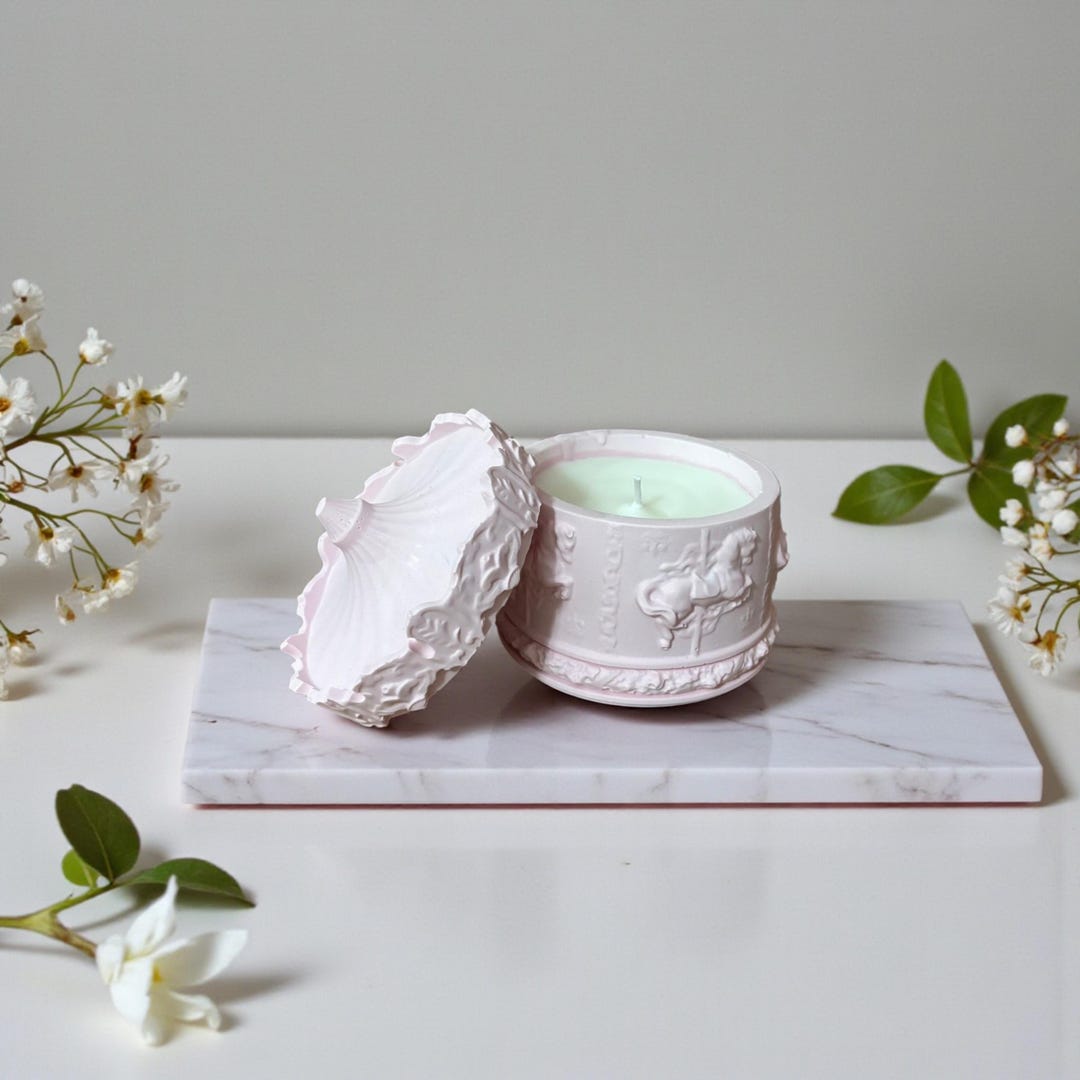 Handmade Pink Carousel Soy Wax in Stone Powder Jar, Decorative Candle ...