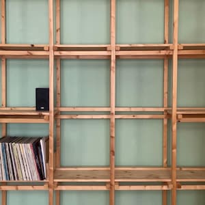 May include: A wooden shelving unit with multiple compartments, some holding vinyl records and black speakers. A turntable is visible on a lower shelf. A wooden ladder and a black lamp are on the right side of the image. The background is a light green color.