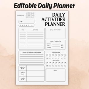 Daily Activities Planner Printable, Daily Schedule PDF, To Do List, Meal Tracker, Water Intake, Work Day Organizer