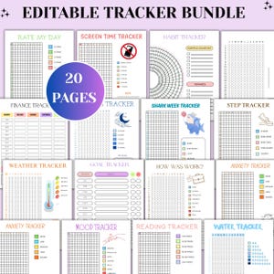 Könnte beinhalten: Ein "Bearbeitbares Tracker-Bundle" mit 20 Seiten. Die Seiten enthalten Tracker für die Bewertung des Tages, die Bildschirmzeit, Gewohnheiten, Finanzen, Schlaf, Haiwoche, Schritte, Wetter, Ziele, Arbeit, Angstzustände, Stimmung, Lesen und Wasseraufnahme. Jedes hat ein einzigartiges Design.