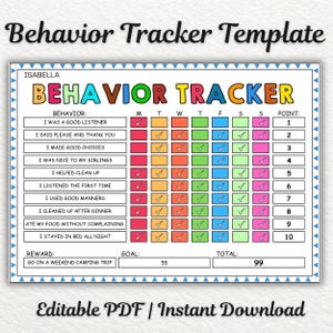 Könnte beinhalten: Eine farbenfrohe Verhaltens-Tracker-Vorlage mit dem Titel "Behavior Tracker Template". Der Tracker enthält Abschnitte für Verhaltensweisen, Wochentage und ein Punktesystem. Der Text "Editable PDF | Instant Download" befindet sich unten.