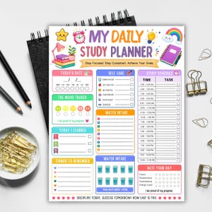 May include: A daily study planner sheet featuring sections for date, mood tracker, self-care, water intake, study schedule, and daily reflections. The colorful design includes illustrations of a star, clock, lightbulb, rainbow, and books.