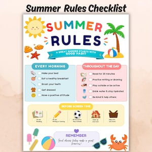 Könnte beinhalten: Ein Summer Rules Checklist Plakat mit einer lächelnden Sonne, einer Palme und Strand-Symbolen. Es enthält Abschnitte für den Morgen, den Tag und vor der Bildschirmzeit mit Checkboxen und Aufgaben wie Bett machen, 20 Minuten lesen und bei einer Hausarbeit helfen. Der Text lautet Summer Rules Checklist und Good choices today make a great tomorrow.