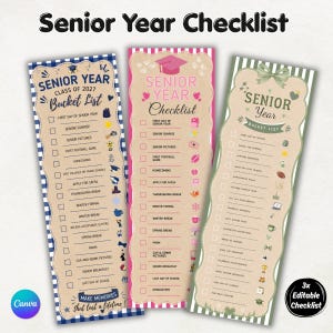 May include: Three vertical rectangular checklists titled Senior Year Bucket List and Senior Year Checklist. The designs feature kraft paper backgrounds with blue gingham, pink striped, and green striped borders, including checkboxes and icons.