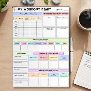 Könnte beinhalten: Ein weißes Workout-Tagebuch mit Abschnitten für wöchentliche Fitnesszusammenfassungen, Cardio, Flexibilität und einen Wochenplaner. Das Tagebuch enthält Abschnitte für Kraftprotokolle, Wochenrückblick und monatliche Körperkontrollen.