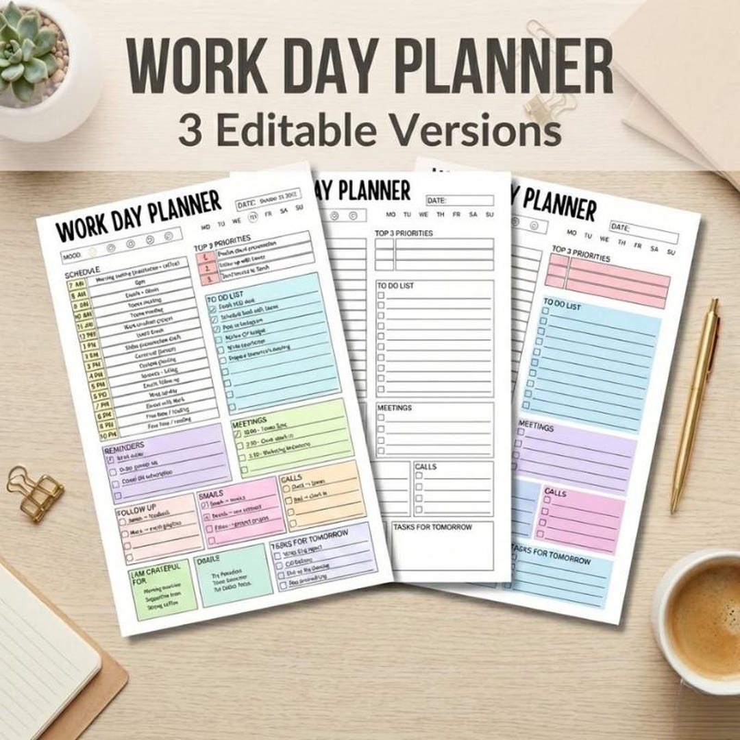 Work Day Planner | Daily Productivity Checklist | Fillable PDF Planner ...