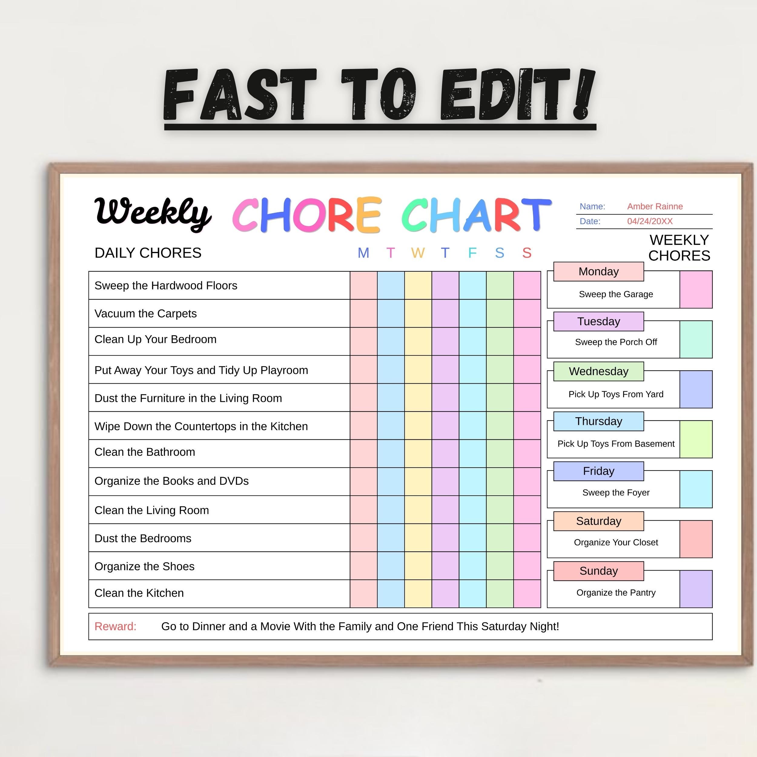 Editable Kids Chore Chart Printable, Daily Routine Planner for Teens ...