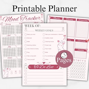 Weekly Planner Printable PDF, Cute Pink Aesthetic Planner Bundle, Habit Tracker Mood Tracker To Do List, Productivity Digital Download