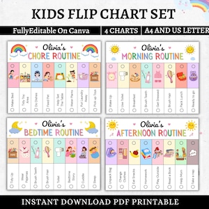 Könnte beinhalten: Ein Set aus vier druckbaren Flipcharts für Kinder mit dem Titel Kids Flip Chart Set, Fully Editable On Canva, 4 Charts, A4 And US Letter, Instant Download PDF Printable. Jedes Diagramm enthält bunte Symbole und Text für Morgen-, Abend- und Tagesroutinen.