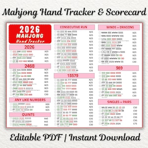 Puede incluir: Un rastreador de manos y tarjeta de puntuación de Mahjong 2026 impreso en una hoja rectangular. El documento presenta columnas organizadas por categorías que incluyen Consecutive Run, Winds and Dragons, 2026, 2468, 369, Any Like Numbers, Quints y Singles and Pairs con casillas de verificación.