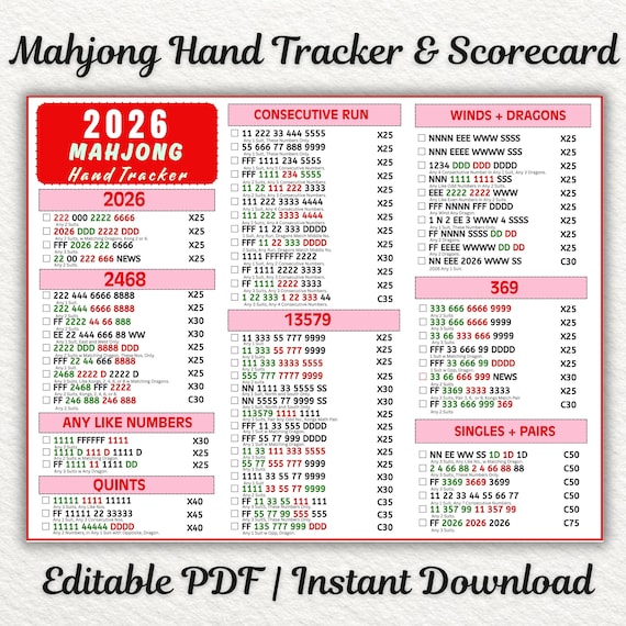 2026 Mahjong Hand Tracker Printable, American Mahjong Scorecard, Mah Jongg Scoreboard, Game Night PDF Download
