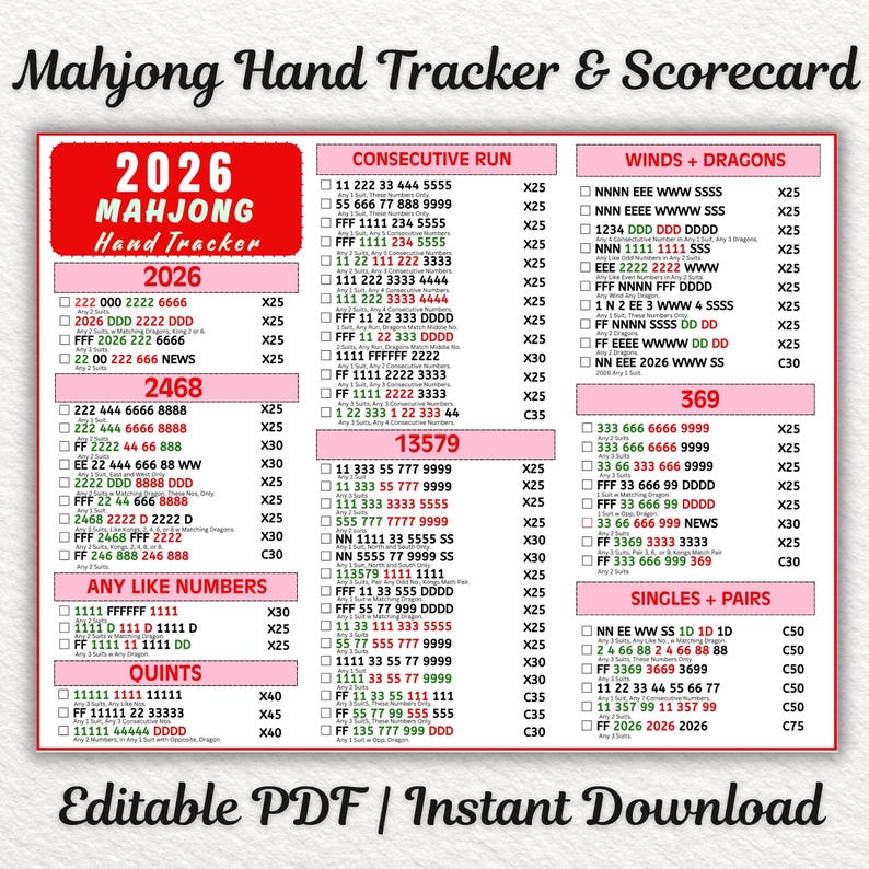 May include: A 2026 Mahjong Hand Tracker and Scorecard printed on a rectangular sheet. The document features columns organized by categories including Consecutive Run, Winds and Dragons, 2026, 2468, 369, Any Like Numbers, Quints, and Singles and Pairs with checkboxes.