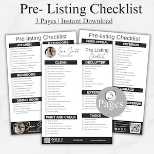 Könnte beinhalten: Eine Checkliste vor der Listung mit dem Titel "Pre-Listing Checklist" und dem Text "3 Pages | Instant Download." Die Checkliste umfasst Bereiche wie Küche, Badezimmer, Schlafzimmer, Esszimmer, Fassadenattraktivität, Außenbereich, Garage, Aufgaben und Innenbereich.