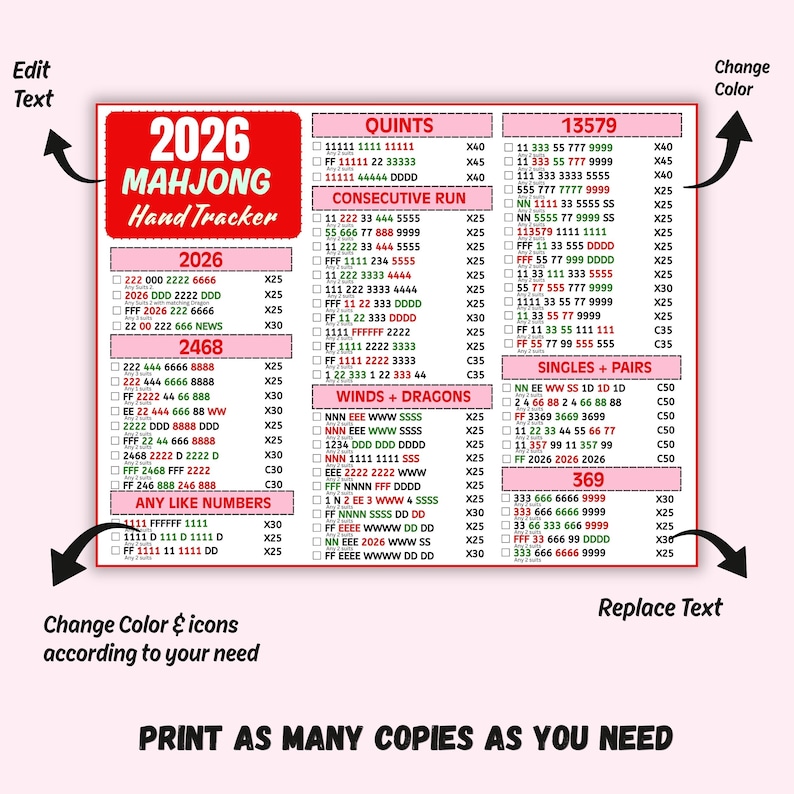 2026 Mahjong game night printable for clubs and weekly groups