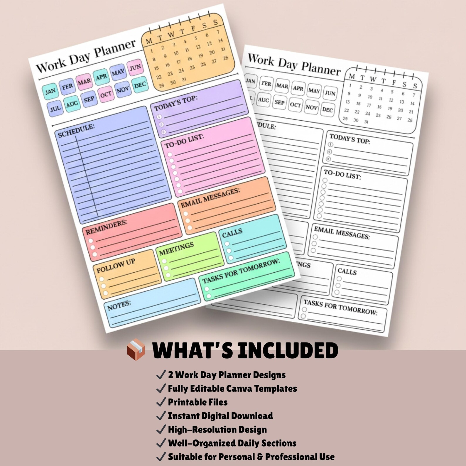 Editable Work Planner Printable, Daily Work Day Schedule Template ...