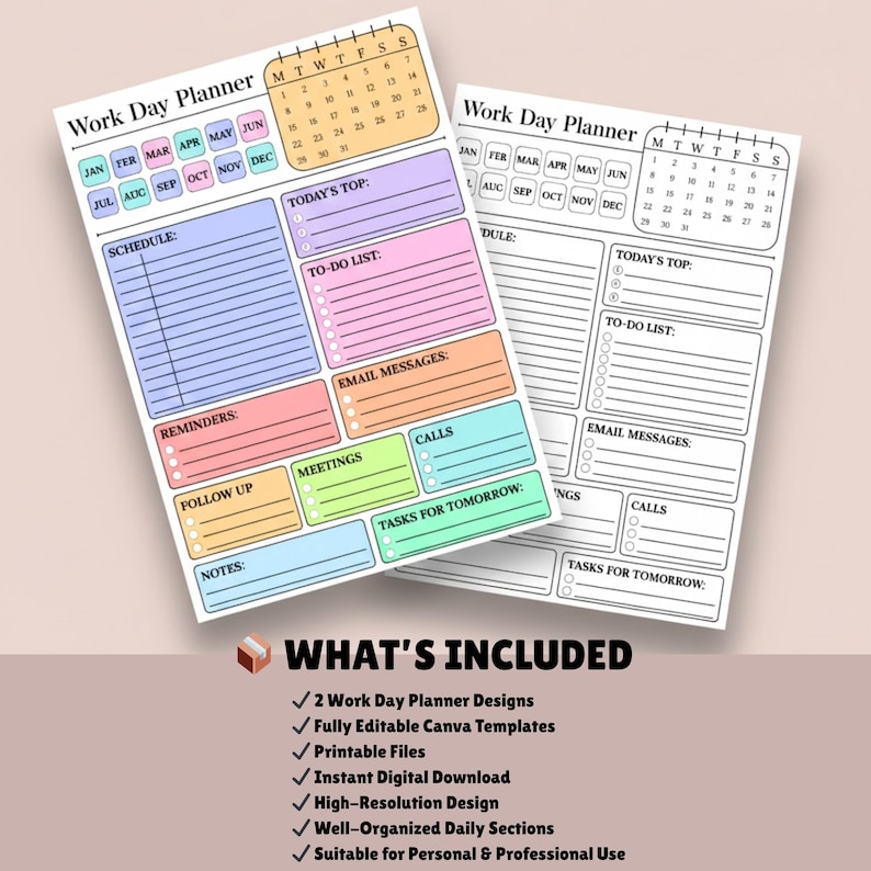 Editable Work Planner Printable, Daily Work Day Schedule Template ...