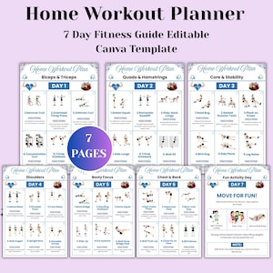 Könnte beinhalten: Ein siebenseitiger Home-Workout-Planer, bearbeitbar in Canva, mit einem 7-Tage-Fitness-Guide. Jede Seite konzentriert sich auf eine andere Muskelgruppe, einschließlich Bizeps, Trizeps, Oberschenkel, Core, Schultern, Po, Brust und Rücken.