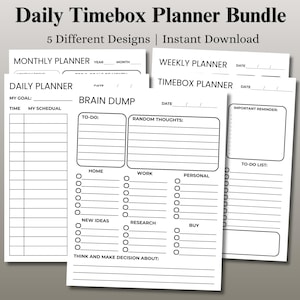 Könnte beinhalten: Ein Bundle aus druckbaren Planerseiten mit dem Text "Daily Timebox Planner Bundle". Die Seiten umfassen einen Monatsplaner, Wochenplaner, Tagesplaner und eine "Brain Dump"-Seite. Die Seiten sind weiß mit schwarzem Text und Linien.